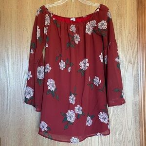 Burgundy Floral Bell Sleeve Dressy Tunic